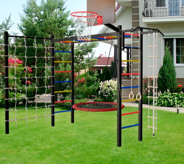 Уличная шведская стенка Sv Sport рукоход с комплектом турник прямой У5224.2К (Турник/Гнездо 115см/Щит баскет/Канат/кольца/лестница/Сетка)