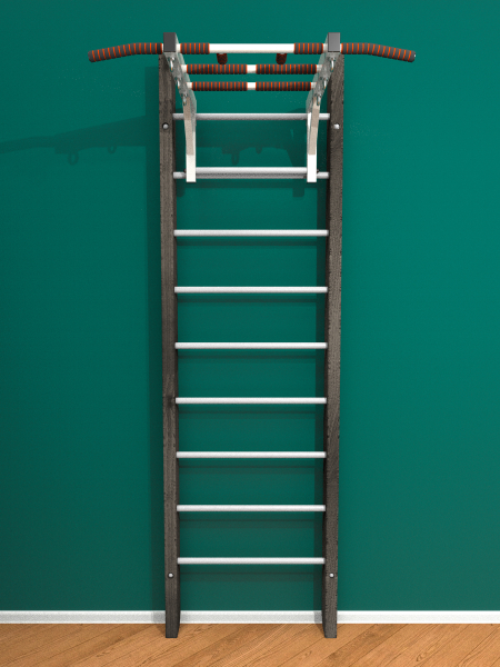 Брашированная шведская стенка "Кастерли" Черный с турником (Белые ступени)