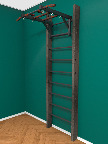 Брашированная шведская стенка "Кастерли" Черный с турником (Черные ступени)